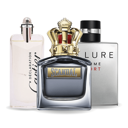 Conjunto de 3 perfumes Allure Homme Sports, Jean Paul Gaultier Scandal, Cartier Declaration 100ml